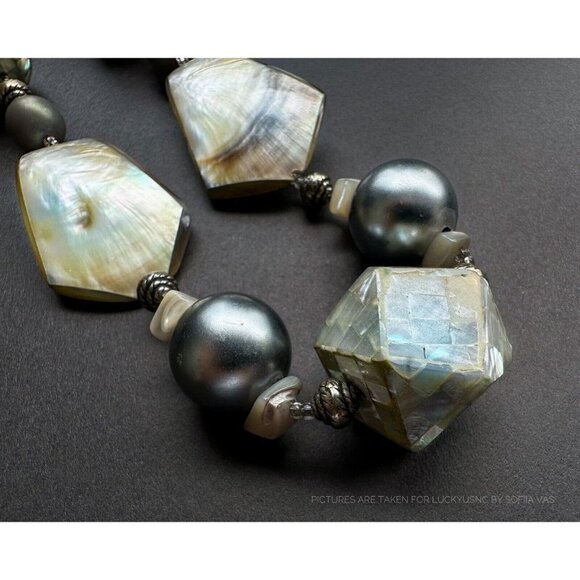 Vintage Rainbow Shell 4, Mozaic & grey ball beaded Statement Necklace 33” - Picture 3 of 6